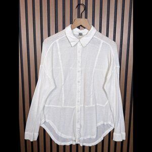 Free People Shirt Small Womens White Long Sleeve Frayed Curve Hem Button Top